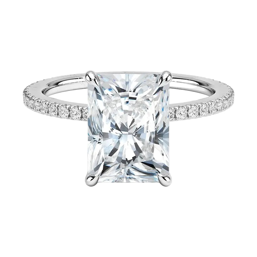 Radiant cut Moissanite lab grown diamond engagement ring with 3/4 eternity pave set shank, on a gold band, against a white background.Moissanite engagement ring cape town south africa grand diamonds ralph jacobs jeulia 