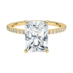Radiant cut Moissanite lab grown diamond engagement ring with 3/4 eternity pave set shank, on a gold band, against a white background.Moissanite engagement ring cape town south africa grand diamonds ralph jacobs jeulia 