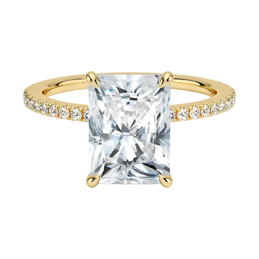 Radiant cut Moissanite lab grown diamond engagement ring with 3/4 eternity pave set shank, on a gold band, against a white background.Moissanite engagement ring cape town south africa grand diamonds ralph jacobs jeulia 