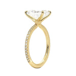 Radiant cut Moissanite lab grown diamond engagement ring with 3/4 eternity pave set shank, on a gold band, against a white background.Moissanite engagement ring cape town south africa grand diamonds ralph jacobs jeulia 