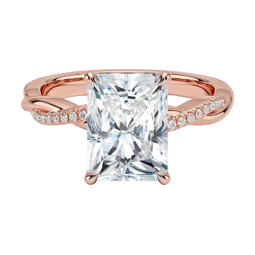 Radiant cut Moissanite lab grown diamond engagement ring with twisted pave set gold shank, against a white background.Moissanite engagement ring cape town south africa grand diamonds ralph jacobs jeulia 