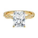 Radiant cut Moissanite lab grown diamond engagement ring with twisted pave set gold shank, against a white background.Moissanite engagement ring cape town south africa grand diamonds ralph jacobs jeulia 