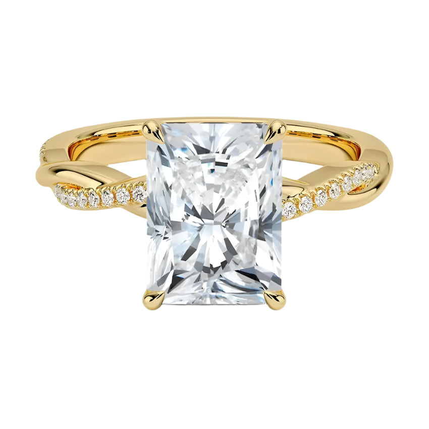Radiant cut Moissanite lab grown diamond engagement ring with twisted pave set gold shank, against a white background.Moissanite engagement ring cape town south africa grand diamonds ralph jacobs jeulia 