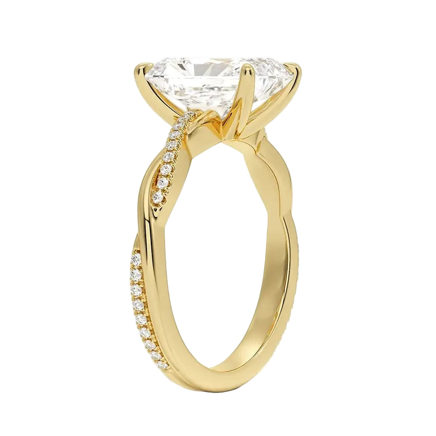 Radiant cut Moissanite lab grown diamond engagement ring with twisted pave set gold shank, against a white background.Moissanite engagement ring cape town south africa grand diamonds ralph jacobs jeulia 