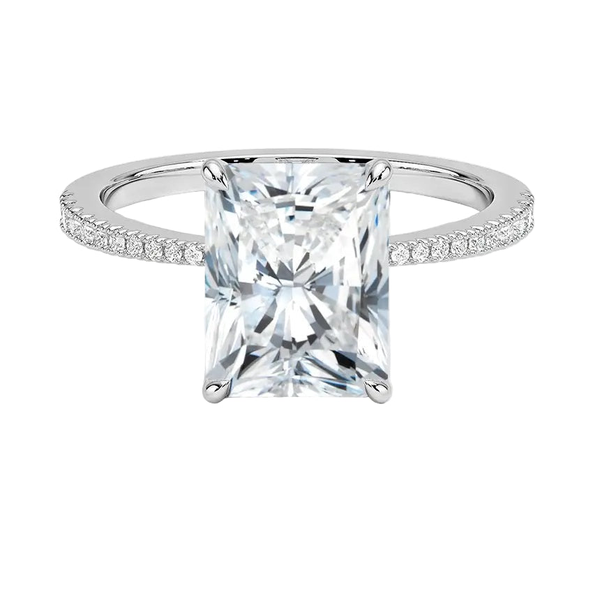 Radiant cut Moissanite lab grown diamond engagement ring pave set shank with classic four prong setting, on a gold band, against a white background.Moissanite engagement ring cape town south africa grand diamonds ralph jacobs jeulia 