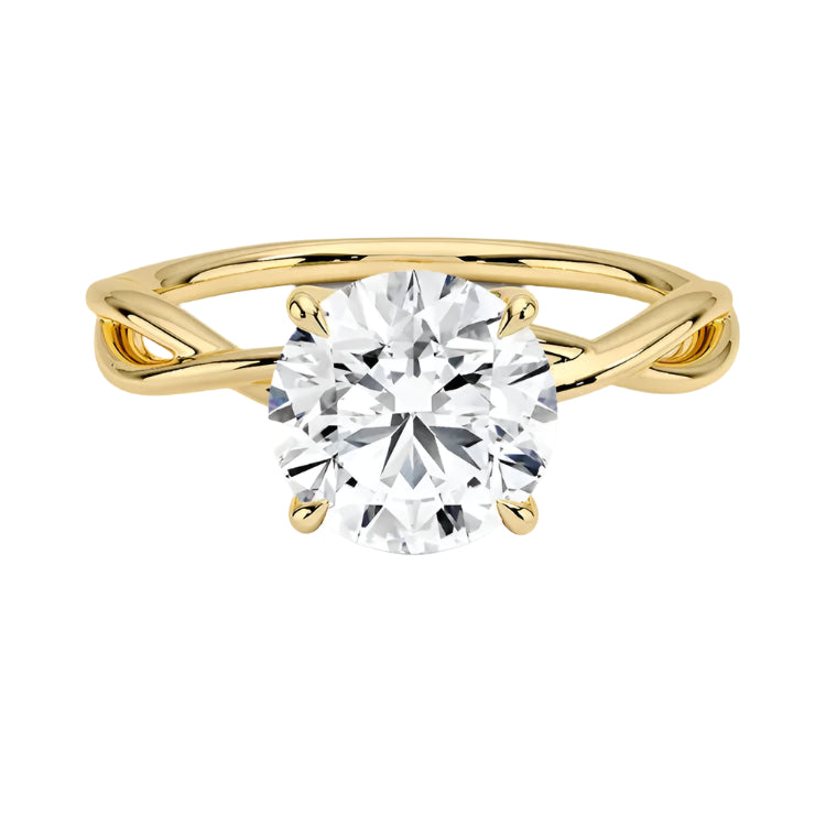 Round cut Moissanite lab grown diamond engagement ring twisted  band with a four claw setting, on a gold band, against a white background.Moissanite engagement ring cape town south africa grand diamonds ralph jacobs jeulia  