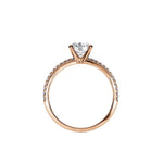 Round cut Moissanite lab grown diamond engagement ring with split pave set gold shank, against a white background.Moissanite engagement ring cape town south africa grand diamonds ralph jacobs jeulia 