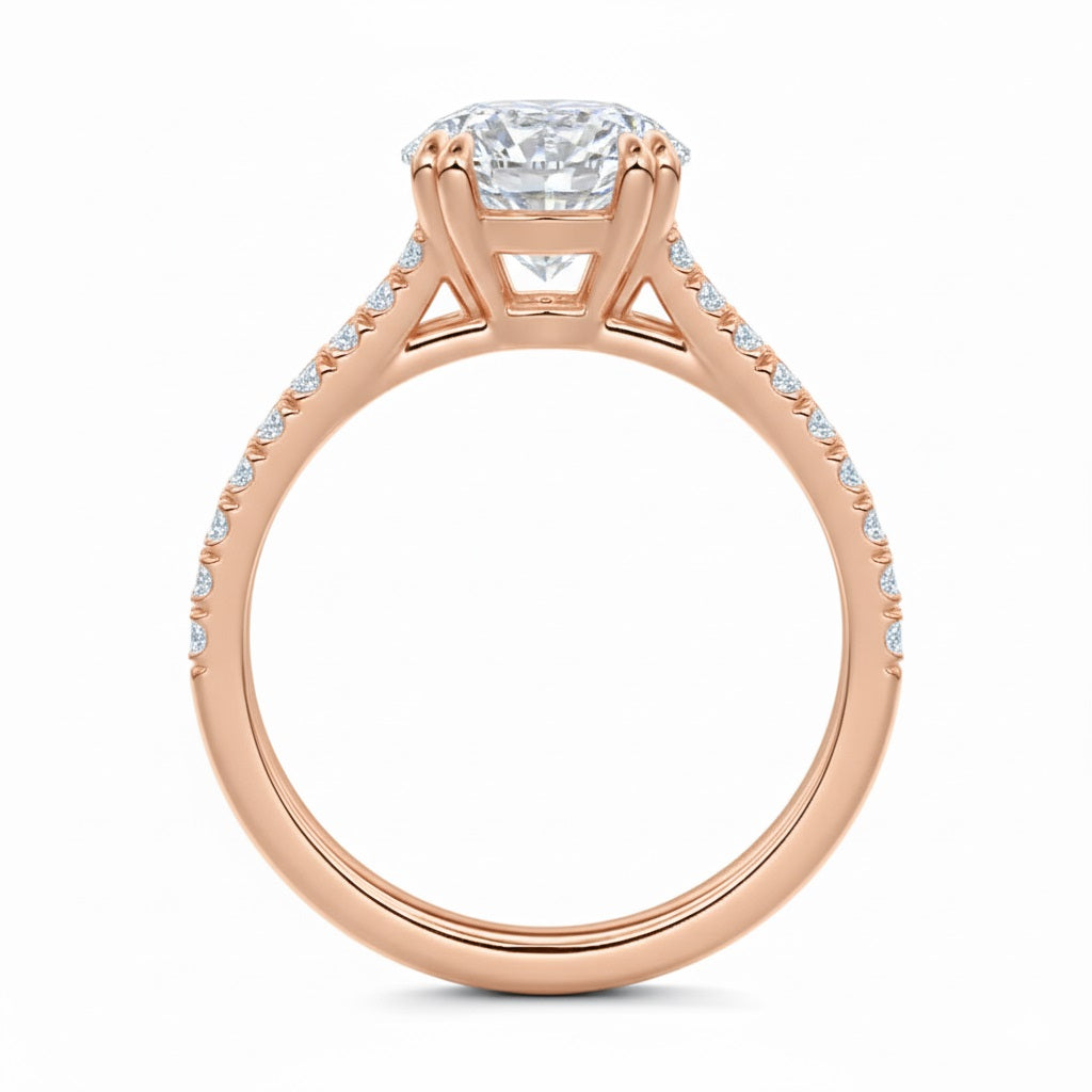 Round cut Cathedral Double claw set Moissanite lab grown diamond engagement ring with pave set V_split shank on a gold band, against a white background.Moissanite engagement ring cape town south africa grand diamonds ralph jacobs jeulia 