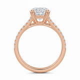 Round cut Cathedral Double claw set Moissanite lab grown diamond engagement ring with pave set V_split shank on a gold band, against a white background.Moissanite engagement ring cape town south africa grand diamonds ralph jacobs jeulia 