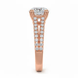 Round cut Cathedral Double claw set Moissanite lab grown diamond engagement ring with pave set V_split shank on a gold band, against a white background.Moissanite engagement ring cape town south africa grand diamonds ralph jacobs jeulia 