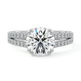 Round cut Cathedral Double claw set Moissanite lab grown diamond engagement ring with pave set V_split shank on a gold band, against a white background.Moissanite engagement ring cape town south africa grand diamonds ralph jacobs jeulia 