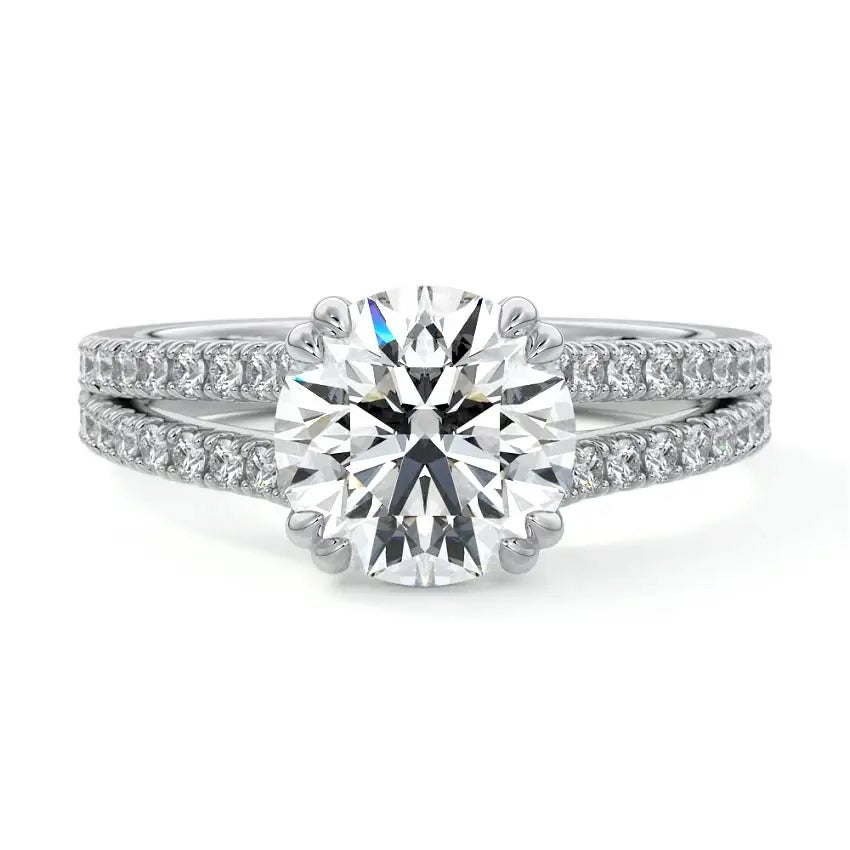 Round cut Cathedral Double claw set Moissanite lab grown diamond engagement ring with pave set V_split shank on a gold band, against a white background.Moissanite engagement ring cape town south africa grand diamonds ralph jacobs jeulia 