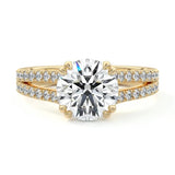 Round cut Cathedral Double claw set Moissanite lab grown diamond engagement ring with pave set V_split shank on a gold band, against a white background.Moissanite engagement ring cape town south africa grand diamonds ralph jacobs jeulia 