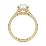 Round cut Cathedral Double claw set Moissanite lab grown diamond engagement ring with pave set V_split shank on a gold band, against a white background.Moissanite engagement ring cape town south africa grand diamonds ralph jacobs jeulia 