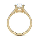 Round cut Cathedral Double claw set Moissanite lab grown diamond engagement ring with pave set V_split shank on a gold band, against a white background.Moissanite engagement ring cape town south africa grand diamonds ralph jacobs jeulia 