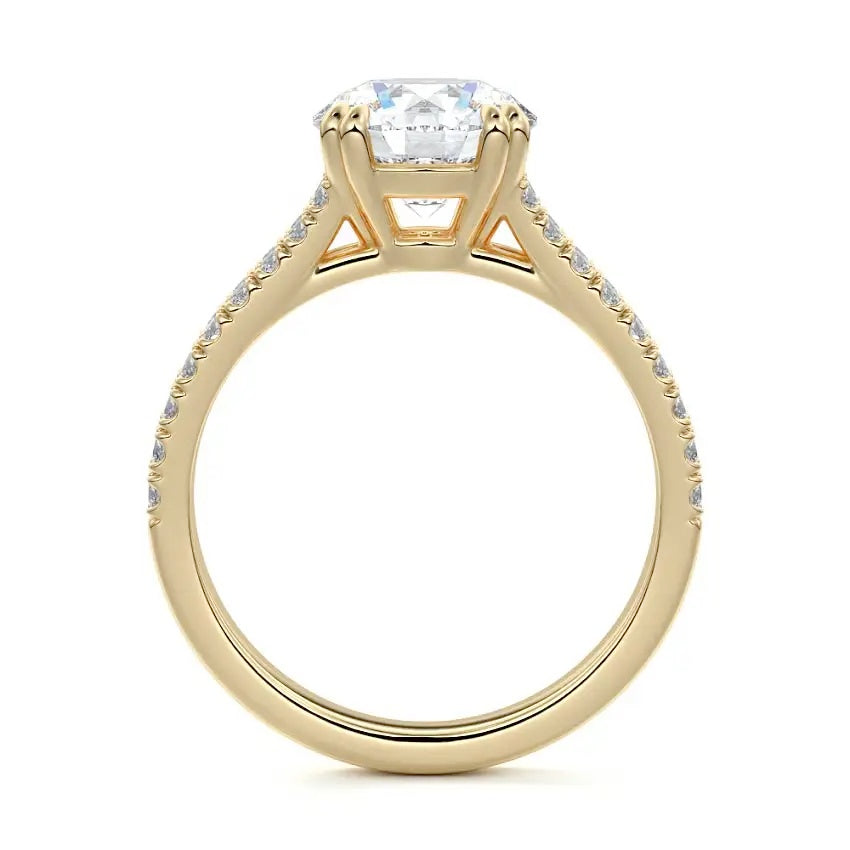Round cut Cathedral Double claw set Moissanite lab grown diamond engagement ring with pave set V_split shank on a gold band, against a white background.Moissanite engagement ring cape town south africa grand diamonds ralph jacobs jeulia 