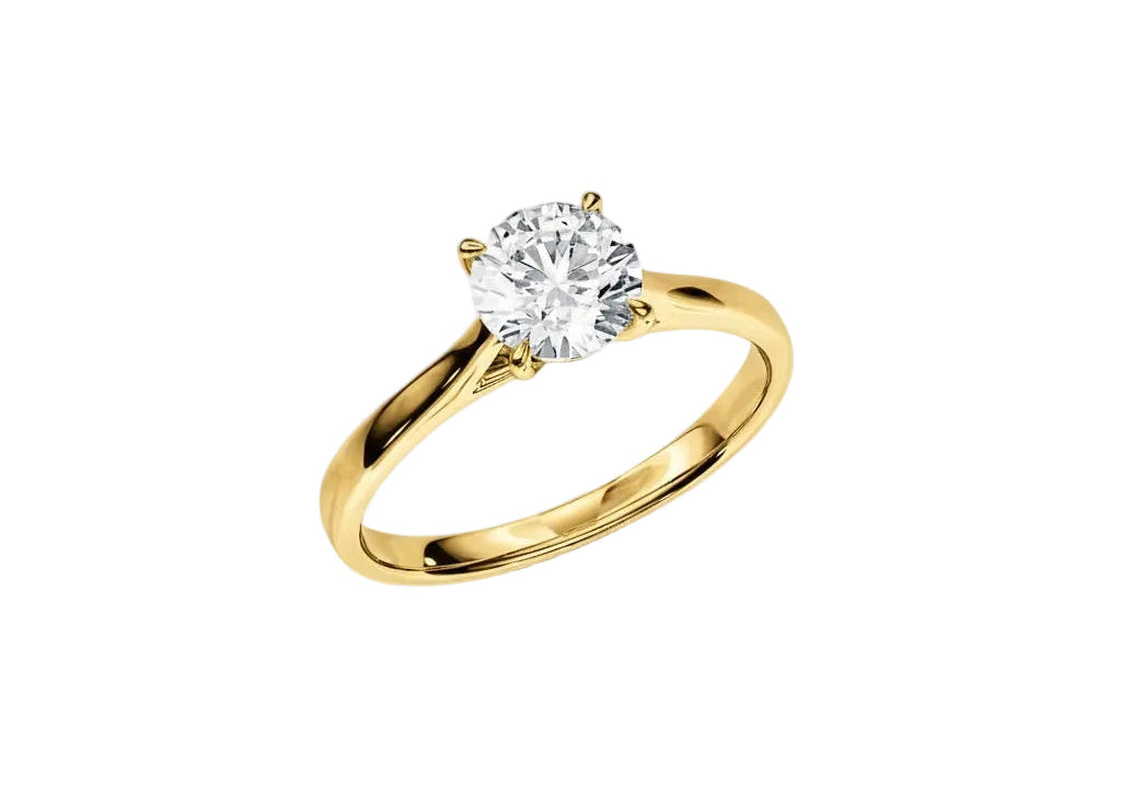 Engagement ring Cathedral setting round cut Moissanite lab grown diamond engagement ring round shank with a four claw setting, on a gold band, against a white background.Moissanite engagement ring cape town south africa grand diamonds ralph jacobs jeulia 