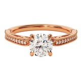 Round cut Moissanite lab grown diamond engagement ring with bridal stacking  pave on a gold band, against a white background.Moissanite engagement ring cape town south africa grand diamonds ralph jacobs jeulia 