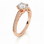 Round cut Moissanite lab grown diamond engagement ring with bridal stacking  pave on a gold band, against a white background.Moissanite engagement ring cape town south africa grand diamonds ralph jacobs jeulia 