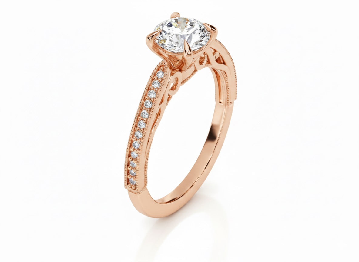 Round cut Moissanite lab grown diamond engagement ring with bridal stacking  pave on a gold band, against a white background.Moissanite engagement ring cape town south africa grand diamonds ralph jacobs jeulia 