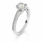 Round cut Moissanite lab grown diamond engagement ring with bridal stacking  pave on a gold band, against a white background.Moissanite engagement ring cape town south africa grand diamonds ralph jacobs jeulia 