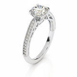 Round cut Moissanite lab grown diamond engagement ring with bridal stacking  pave on a gold band, against a white background.Moissanite engagement ring cape town south africa grand diamonds ralph jacobs jeulia 