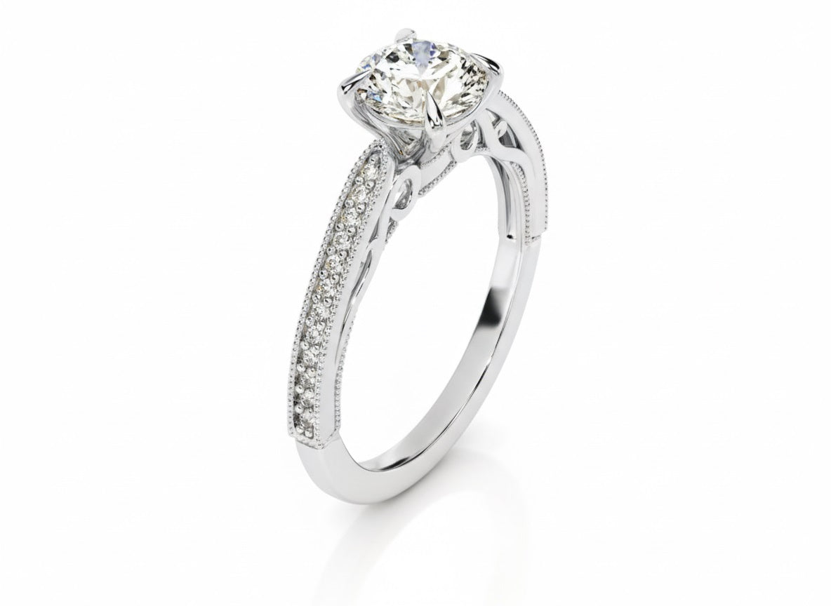 Round cut Moissanite lab grown diamond engagement ring with bridal stacking  pave on a gold band, against a white background.Moissanite engagement ring cape town south africa grand diamonds ralph jacobs jeulia 
