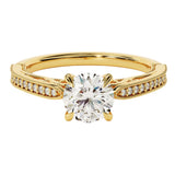 Round cut Moissanite lab grown diamond engagement ring with bridal stacking  pave on a gold band, against a white background.Moissanite engagement ring cape town south africa grand diamonds ralph jacobs jeulia 