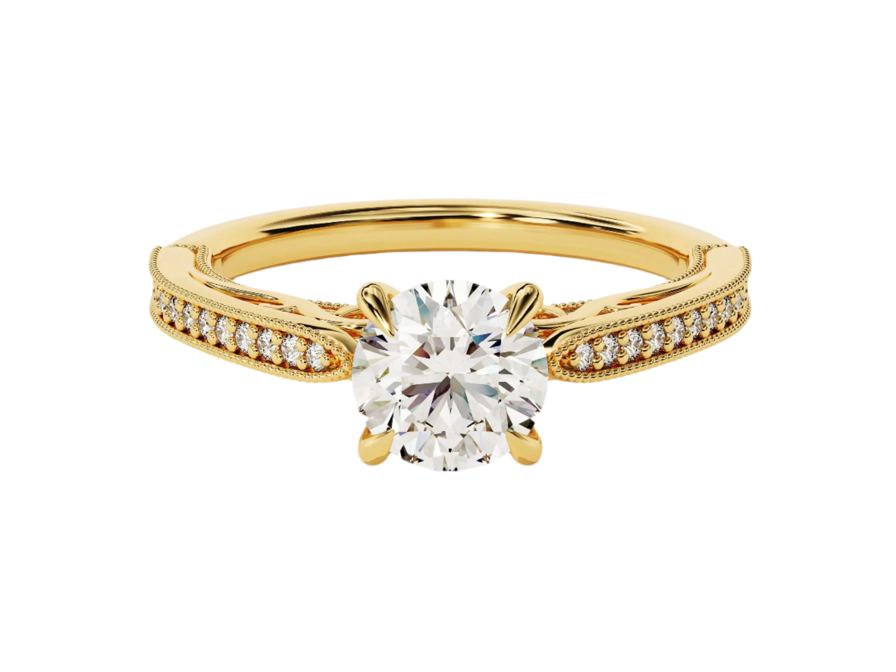 Round cut Moissanite lab grown diamond engagement ring with bridal stacking  pave on a gold band, against a white background.Moissanite engagement ring cape town south africa grand diamonds ralph jacobs jeulia 