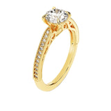 Round cut Moissanite lab grown diamond engagement ring with bridal stacking  pave on a gold band, against a white background.Moissanite engagement ring cape town south africa grand diamonds ralph jacobs jeulia 