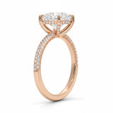 Round cut Moissanite lab grown diamond engagement ring with three row micro pave set gold shank, hidden halo and encrusted claws against a white background.Moissanite engagement ring cape town south africa grand diamonds ralph jacobs jeulia 