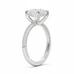 Round cut Moissanite lab grown diamond engagement ring with three row micro pave set gold shank, hidden halo and encrusted claws against a white background.Moissanite engagement ring cape town south africa grand diamonds ralph jacobs jeulia 