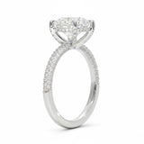 Round cut Moissanite lab grown diamond engagement ring with three row micro pave set gold shank, hidden halo and encrusted claws against a white background.Moissanite engagement ring cape town south africa grand diamonds ralph jacobs jeulia 