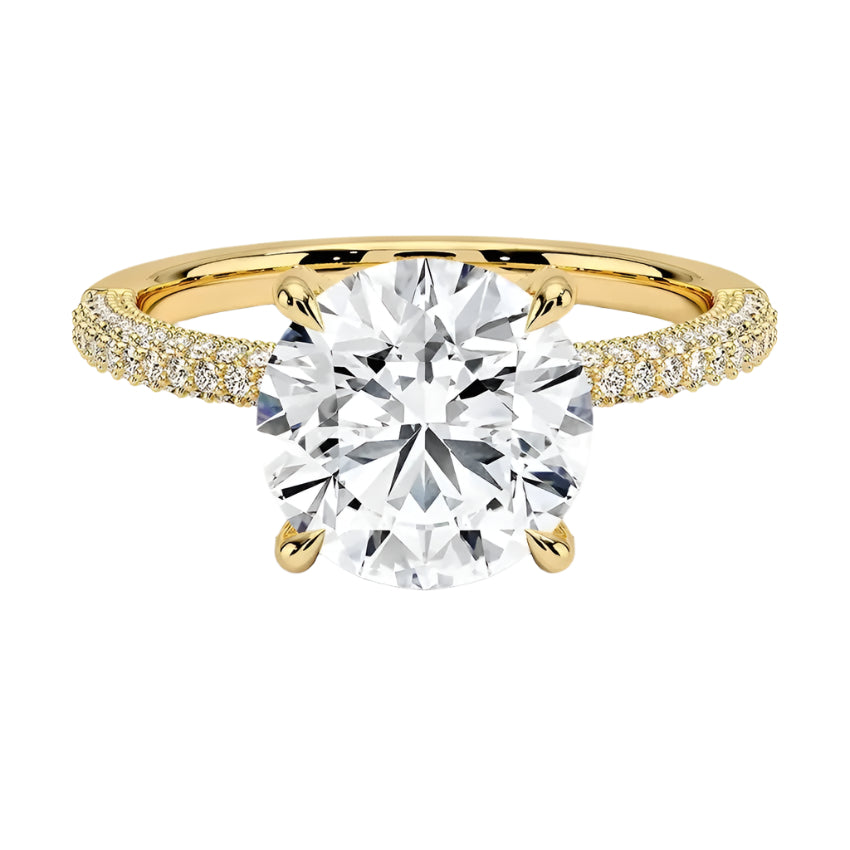 Round cut Moissanite lab grown diamond engagement ring with three row micro pave set gold shank, hidden halo and encrusted claws against a white background.Moissanite engagement ring cape town south africa grand diamonds ralph jacobs jeulia 