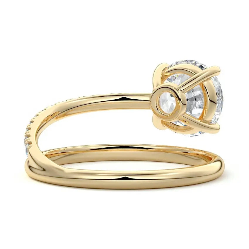 Round cut Moissanite lab grown diamond engagement ring with fancy design and pave set gold band, against a white background.Moissanite engagement ring cape town south africa grand diamonds ralph jacobs jeulia 