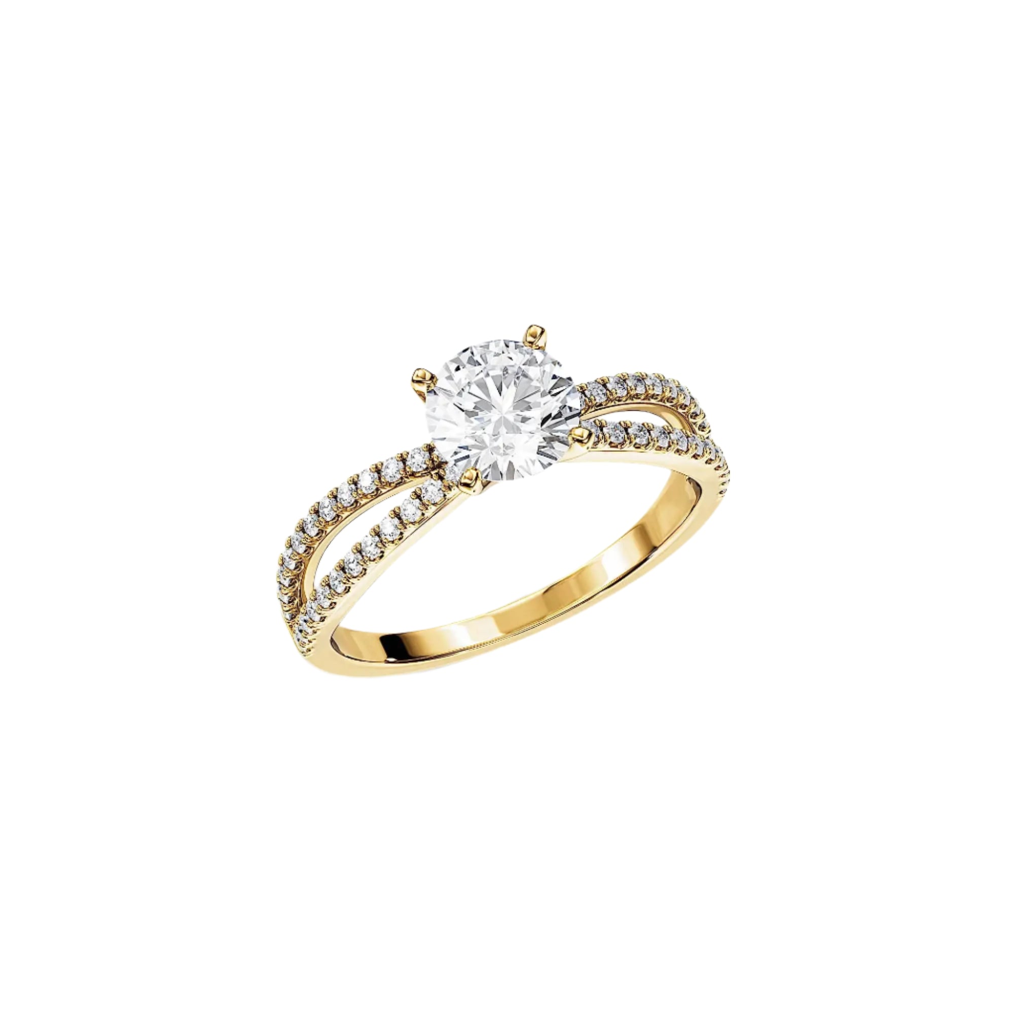 Round cut Moissanite lab grown diamond engagement ring with split pave set gold shank, against a white background.Moissanite engagement ring cape town south africa grand diamonds ralph jacobs jeulia 