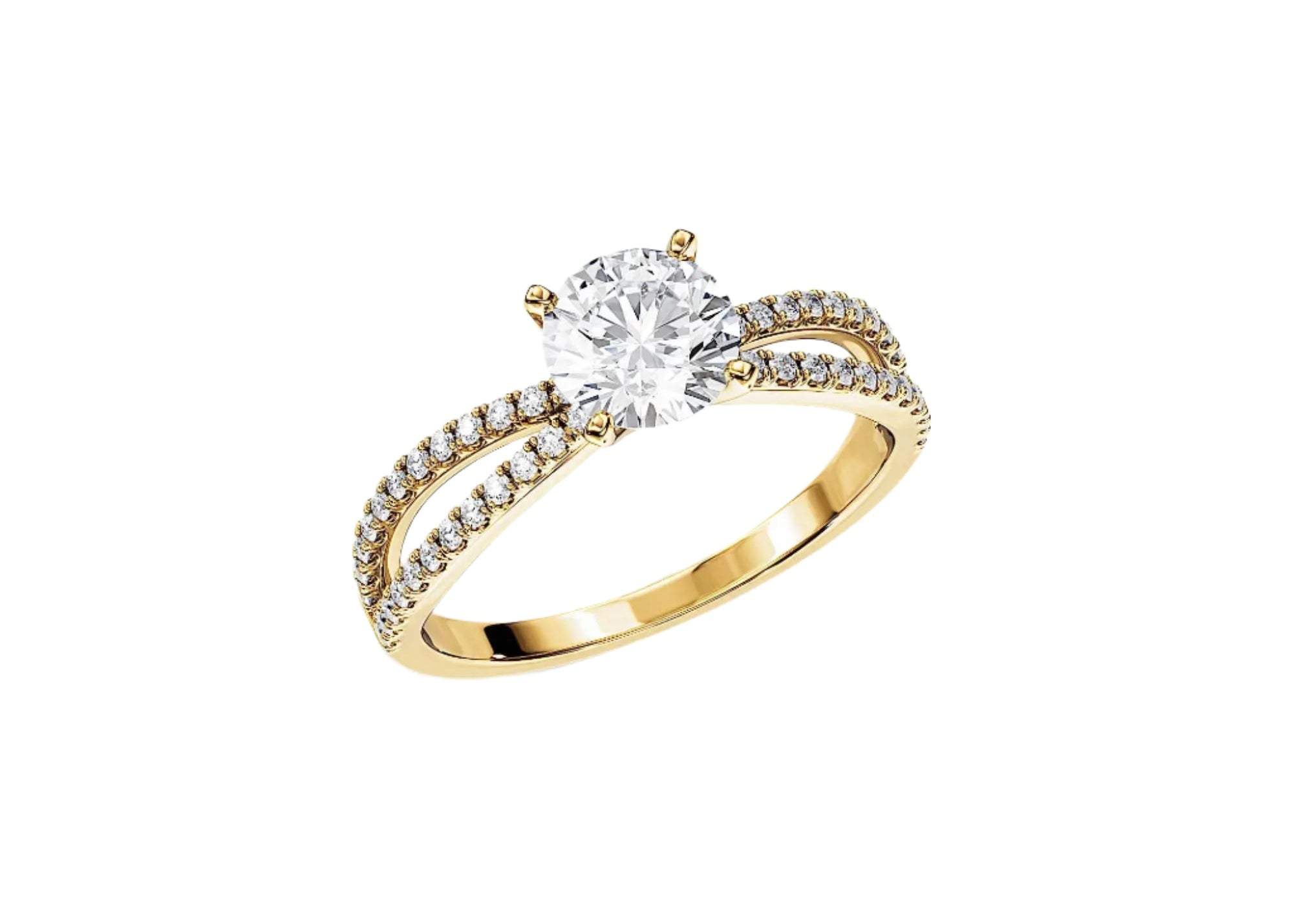 Round cut Moissanite lab grown diamond engagement ring with split pave set gold shank, against a white background.Moissanite engagement ring cape town south africa grand diamonds ralph jacobs jeulia 