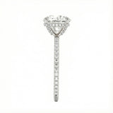 Engagement ring with round cut moissanite or lab grown diamond solitaire four cat claw  moissanite ecrasted setting yellow rose or white gold hidden halo and pave set shank Cape Town South Africa grand diamonds ralph jacobs jeuli