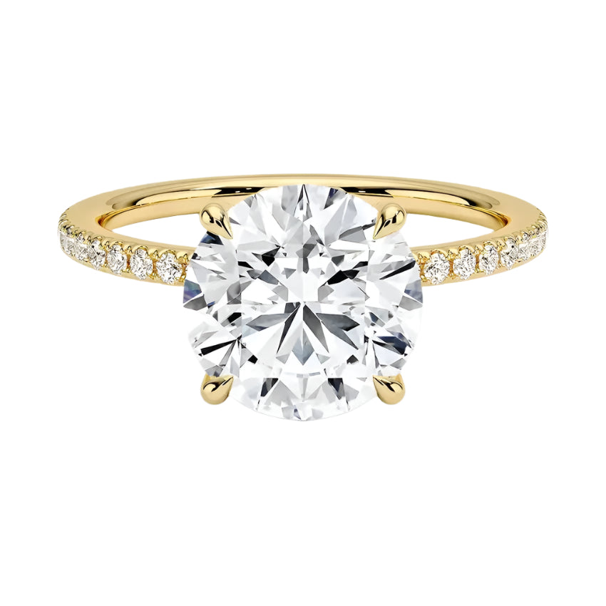 Engagement ring with round cut moissanite or lab grown diamond solitaire four cat claw  moissanite encrusted setting yellow rose or white gold hidden halo and pave set shank Cape Town South Africa grand diamonds ralph jacobs jeuli