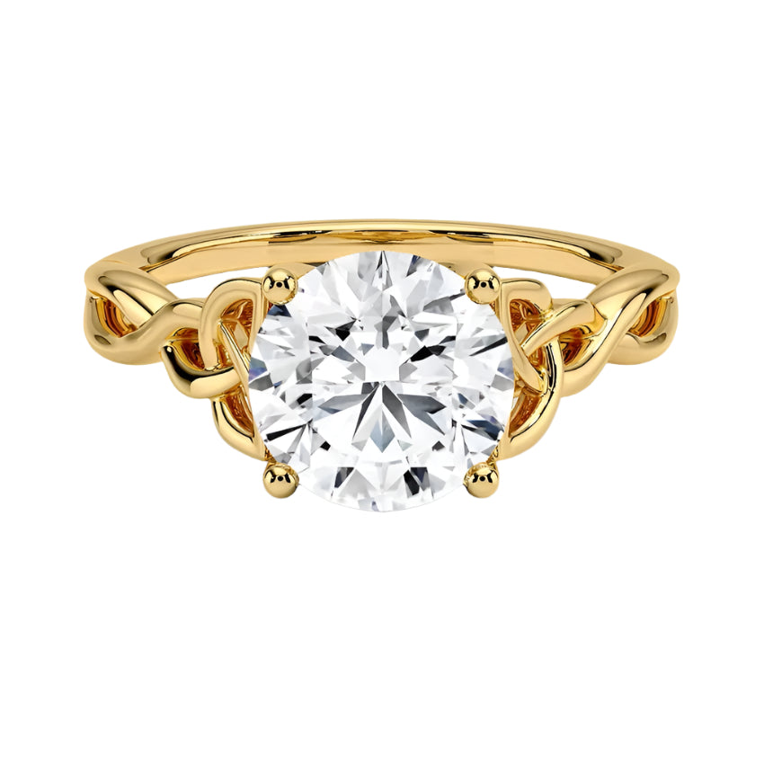 Round cut Moissanite lab grown diamond engagement ring infinity shank with a ornate setting, and intricate basket design on a gold band, against a white background.Moissanite engagement ring cape town south africa grand diamonds ralph jacobs jeuli
