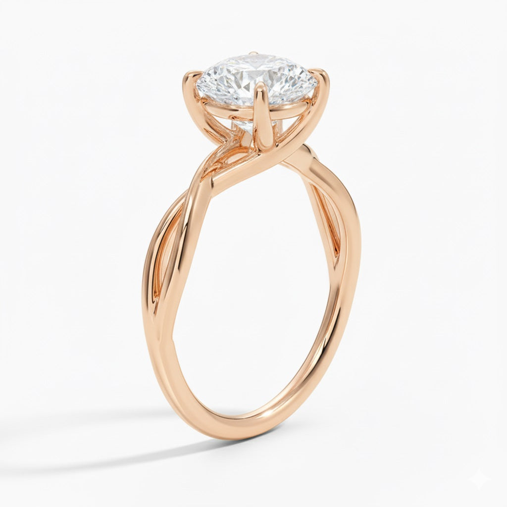 Round cut Moissanite lab grown diamond engagement ring twisted  band with a four claw setting, on a gold band, against a white background.Moissanite engagement ring cape town south africa grand diamonds ralph jacobs jeulia  