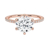 Engagement ring with round cut moissanite or lab grown diamond solitaire six cat claw setting yellow rose or white gold hidden halo wit stones encrusted claws and pave set shank Cape Town South Africa grand diamonds ralph jacobs jeuli