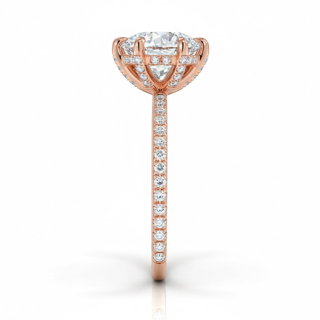 Engagement ring with round cut moissanite or lab grown diamond solitaire six cat claw setting yellow rose or white gold hidden halo wit stones encrusted claws and pave set shank Cape Town South Africa grand diamonds ralph jacobs jeuli