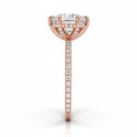 Engagement ring with round cut moissanite or lab grown diamond solitaire six cat claw setting yellow rose or white gold hidden halo wit stones encrusted claws and pave set shank Cape Town South Africa grand diamonds ralph jacobs jeuli