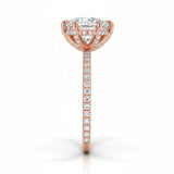 Engagement ring with round cut moissanite or lab grown diamond solitaire six cat claw setting yellow rose or white gold hidden halo wit stones encrusted claws and pave set shank Cape Town South Africa grand diamonds ralph jacobs jeuli