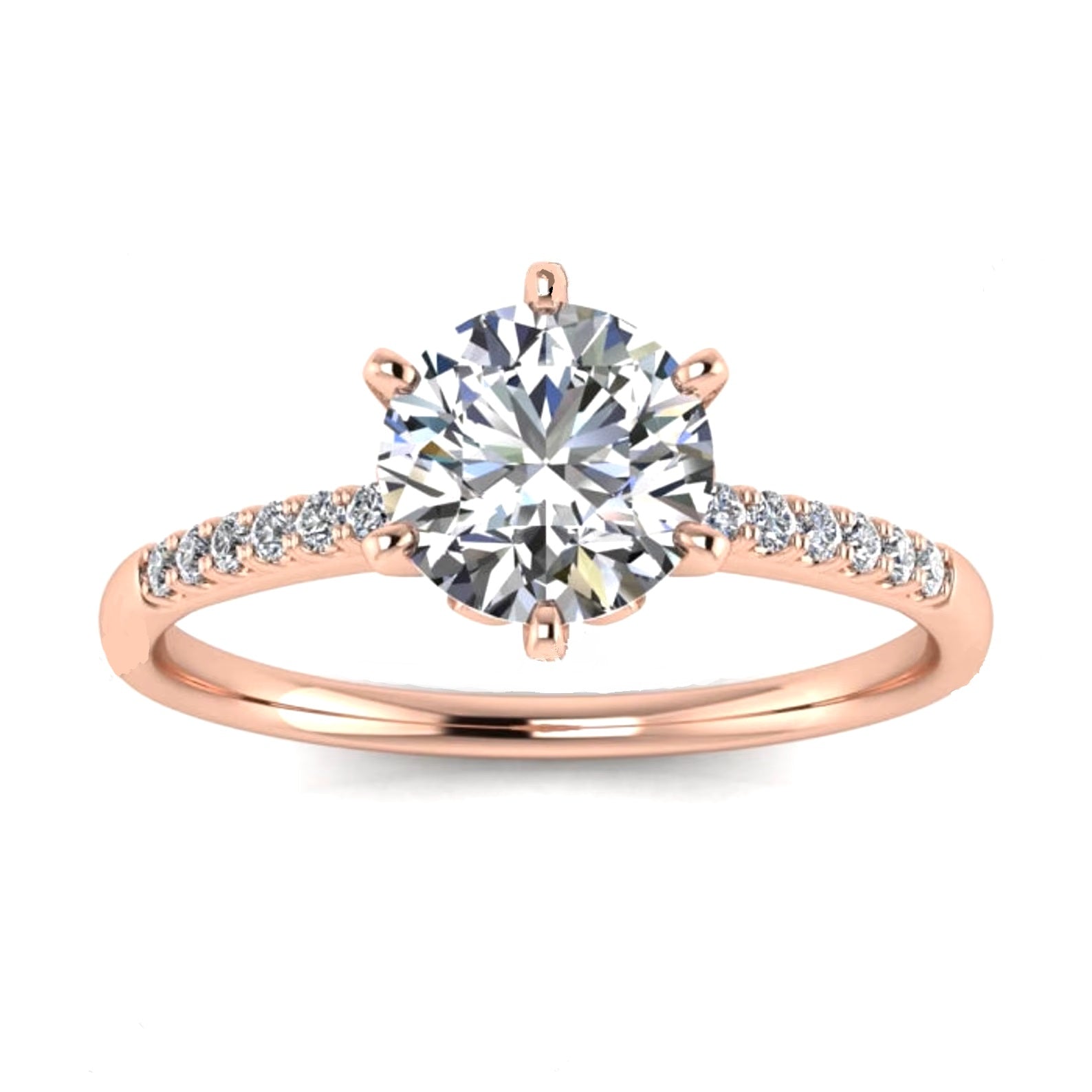Round cut Moissanite lab grown diamond engagement ring with pave set shank with six  prong setting, on a gold band, against a white background.Moissanite engagement ring cape town south africa grand diamonds ralph jacobs jeulia 