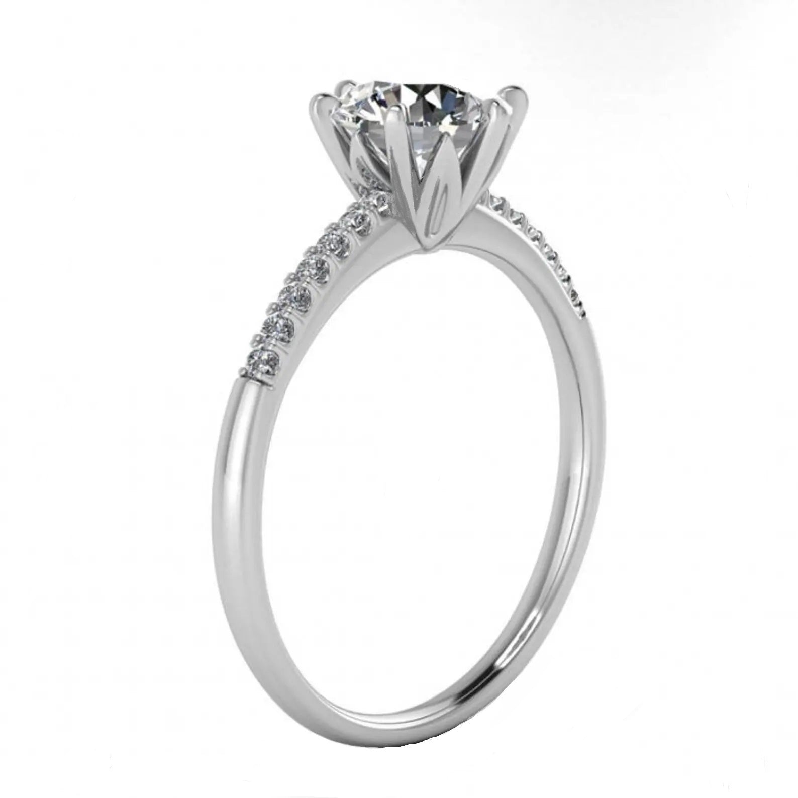 Round cut Moissanite lab grown diamond engagement ring with pave set shank with six  prong setting, on a gold band, against a white background.Moissanite engagement ring cape town south africa grand diamonds ralph jacobs jeulia 