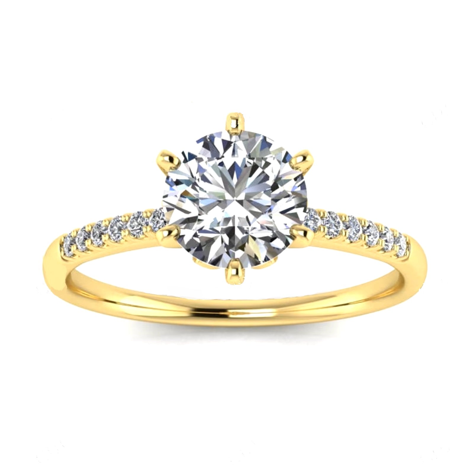 Round cut Moissanite lab grown diamond engagement ring with pave set shank with six  prong setting, on a gold band, against a white background.Moissanite engagement ring cape town south africa grand diamonds ralph jacobs jeulia 