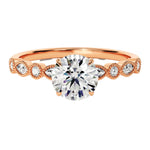 Round cut Moissanite lab grown diamond engagement ring with fancy set pave gold band, against a white background.Moissanite engagement ring cape town south africa grand diamonds ralph jacobs jeulia 