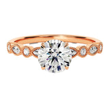 Round cut Moissanite lab grown diamond engagement ring with fancy set pave gold band, against a white background.Moissanite engagement ring cape town south africa grand diamonds ralph jacobs jeulia 